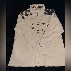Willow and root cow print corduroy button down jacket